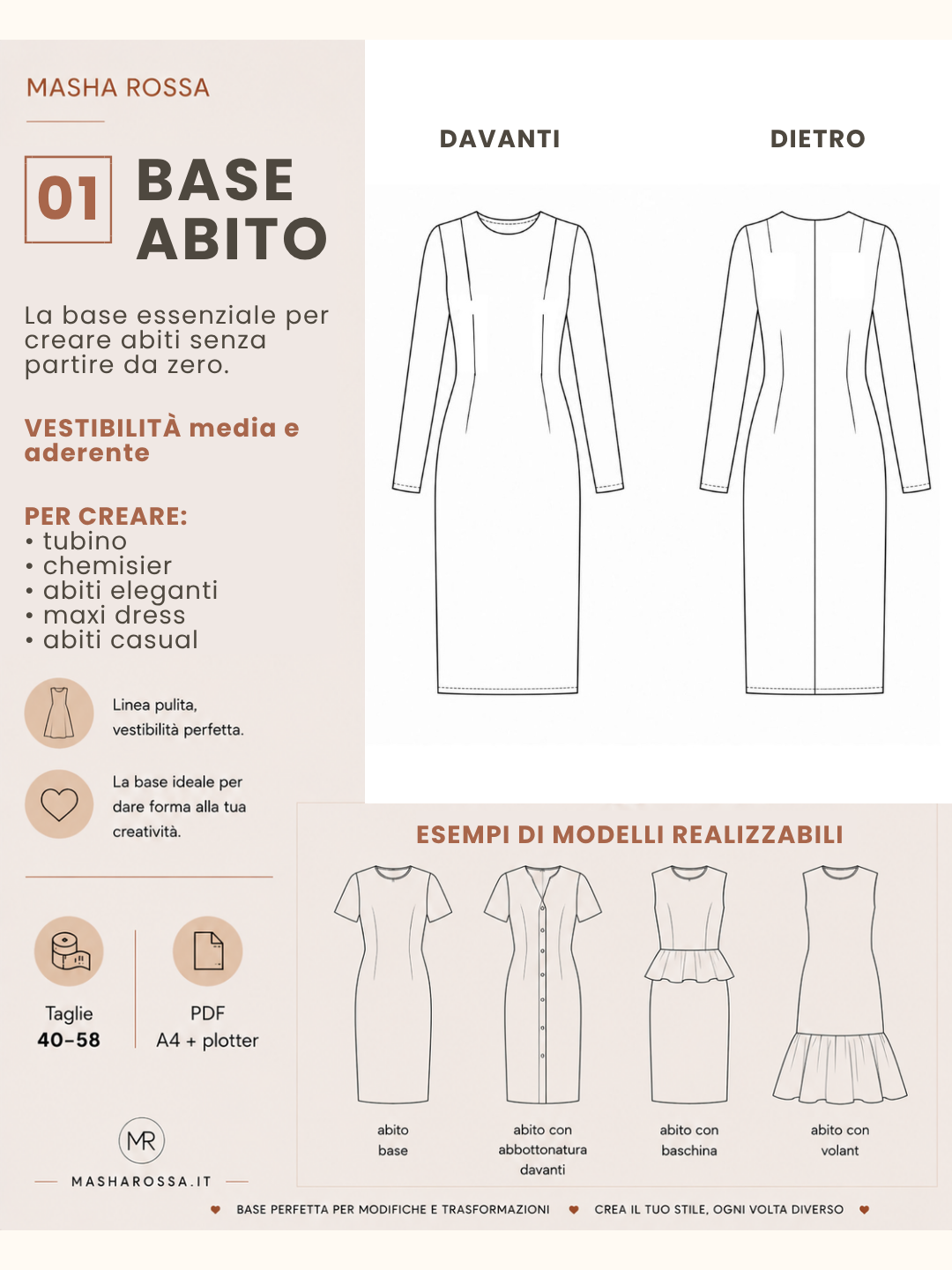 Pacchetto Modellista – Cartamodelli Base PDF (10 taglie × 5 altezze)